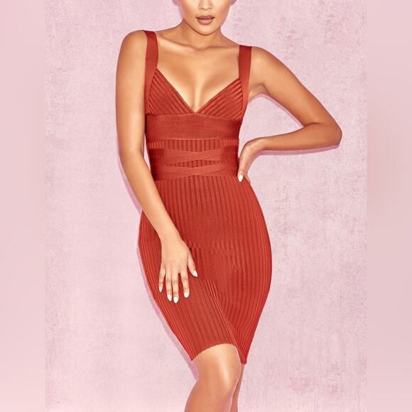 House of CB Dresses & Skirts - NEW House Of CB London Charmagne Rust Bandage Dress Womens M Ribbed Bodycon